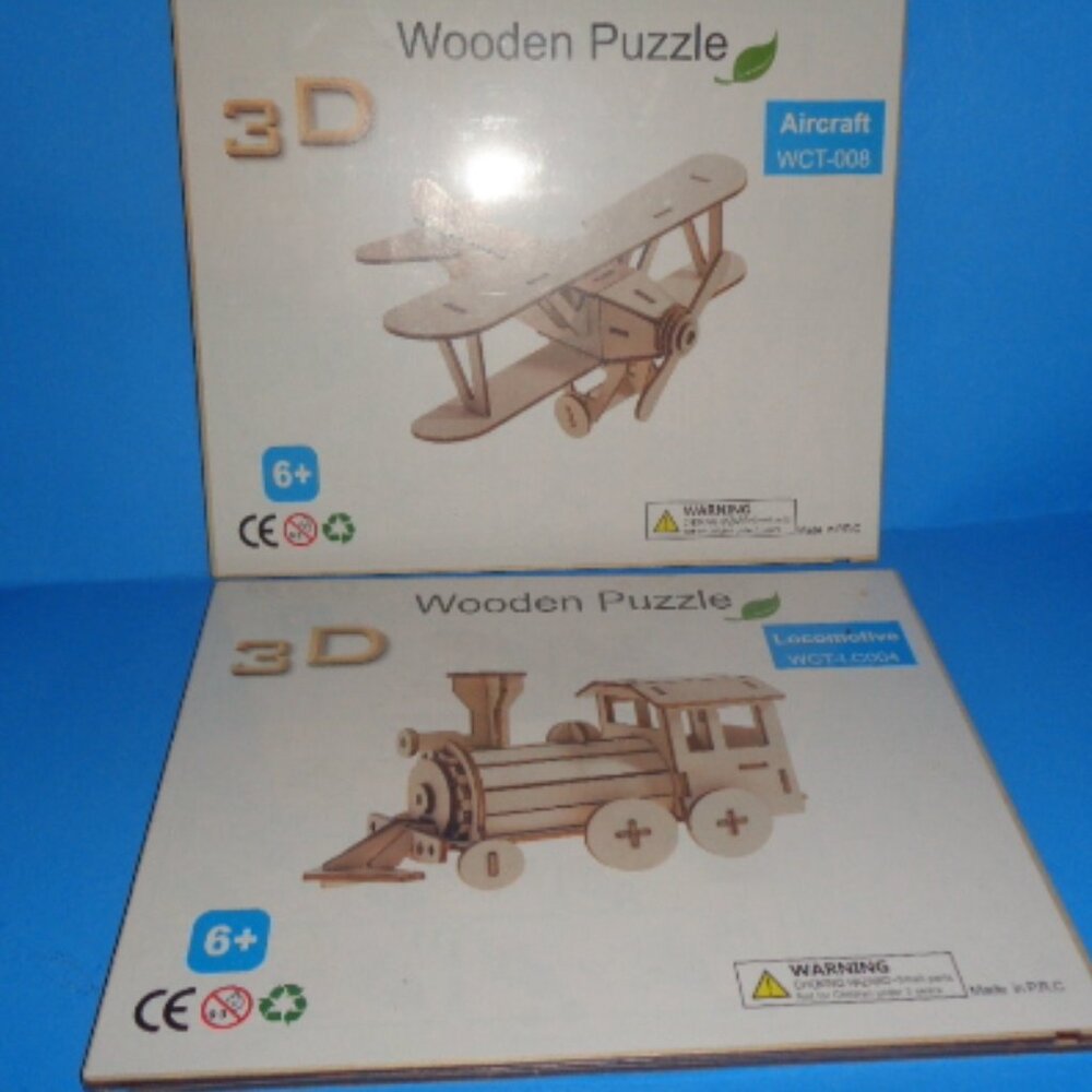 Wooden 3D Puzzles, Lot Of Two Items, Train 7 Plane Brand New Sealed